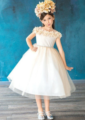 Cold Shoulder 3D Floral Tulle Flower Girl Dress